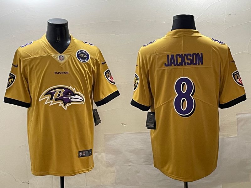 Men Baltimore Ravens #8 Jackson Yellow Nike Team Logo 2025 NFL Jersey style 3